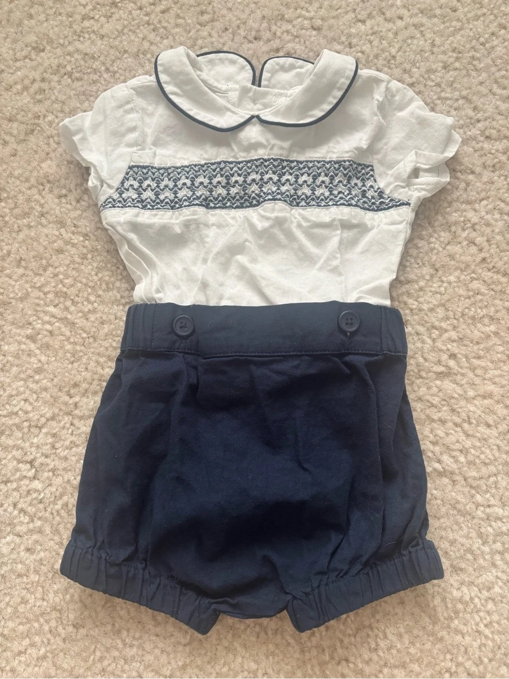 Edgehill Collection White and Navy Smocked One-Piece